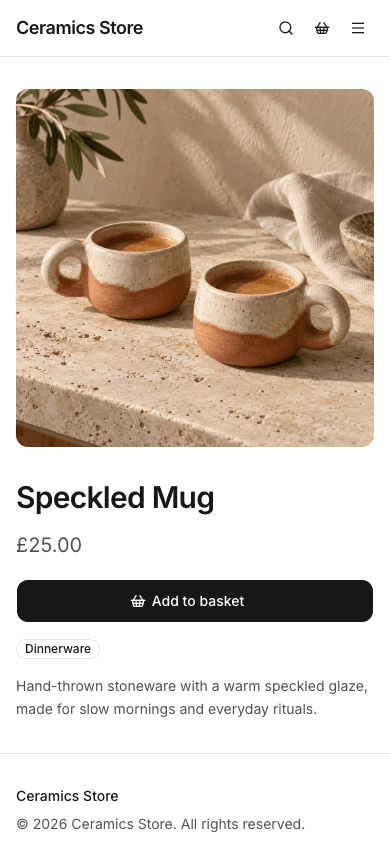 Mobile storefront product page showing handmade mugs and an add to basket button