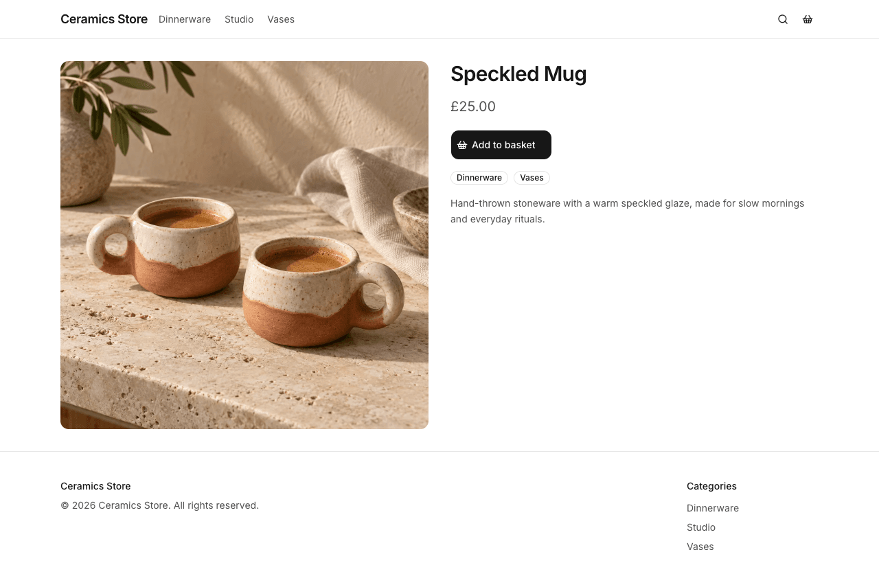 Desktop product page with a large photograph of handmade mugs, price and add to basket button